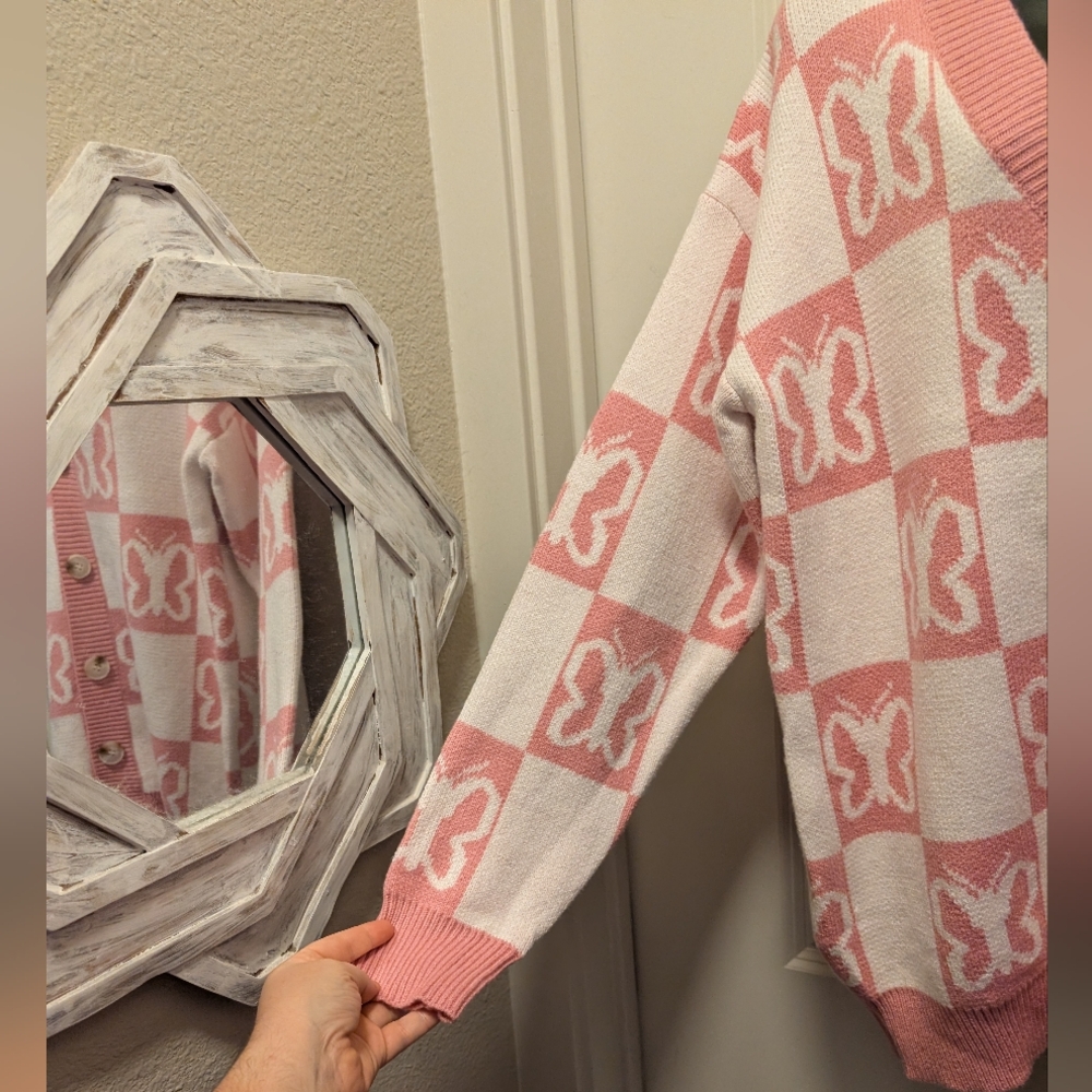 Pink & White Checkered Butterfly Print Boutique Cardigan - Picture 4 of 4